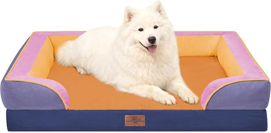 Comfort Expression Orthopedic Dog Bed for Large Dogs 36x27 Inch, Waterproof Egg Crate Foam Large Pet Bed with Bolsters, Dog Couch with Washable Cover & Non-Slip Bottom, Orange Breeze