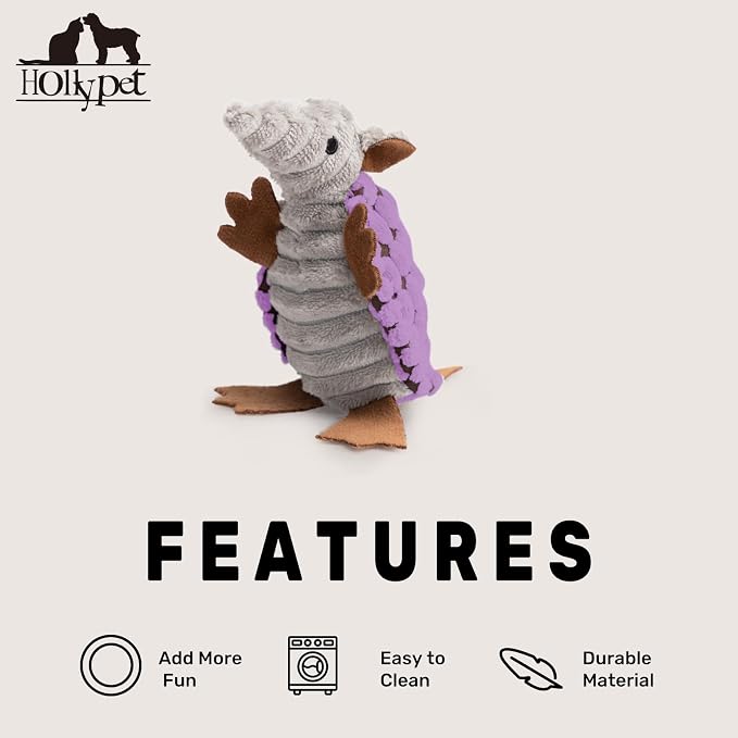 Hollypet Plush Dog Squeaky Toy Stuffed Armadillo Animal Pet Puppy Chew Toys with Clean Teeth for Small Medium Large All Breed Sizes Dogs, Purple, 6 in