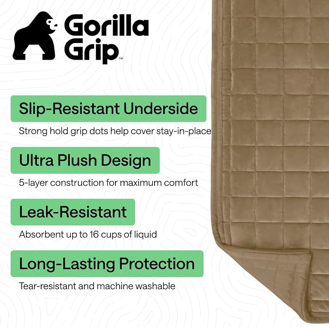 GORILLA GRIP Slip and Leak Resistant Plush Quilted Recliner Cushion Cover Blanket, Soft Couch Covers for Sofa Dogs, Machine Washable Furniture Protector Pet Friendly Couches, Beige, 28x28 Inches