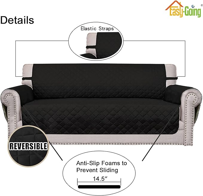 Easy-Going Reversible Couch Cover for 3 Cushion Couch Sofa Cover for Dogs Water Resistant Furniture Protector Cover with Foam Sticks Elastic Straps for Pet Cat (Sofa, Black/Black)