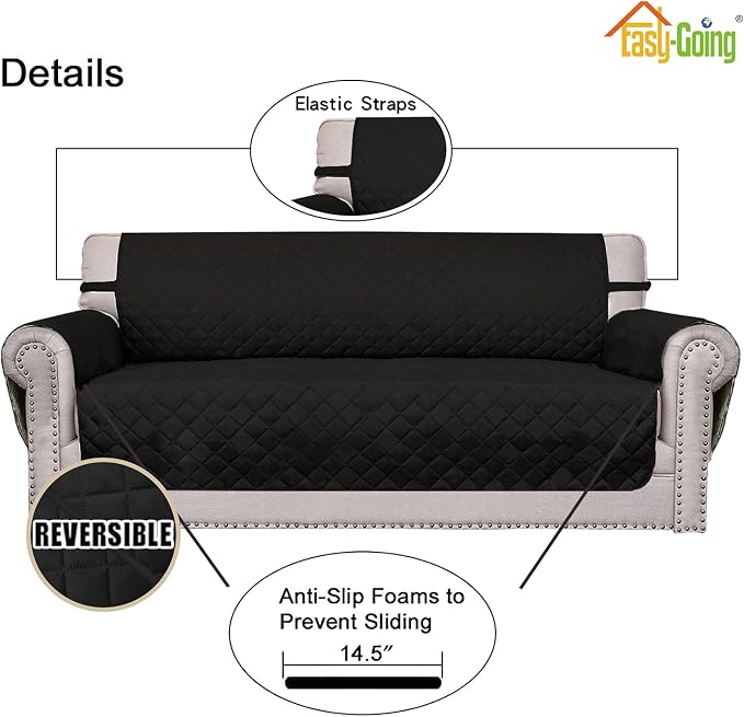 Easy-Going 4 Seater Sofa Slipcover Reversible Sofa Cover Water Resistant Couch Cover with Foam Sticks Elastic Straps Furniture Protector for Pets Children Dog Cat (XX-Large, Black/Black)
