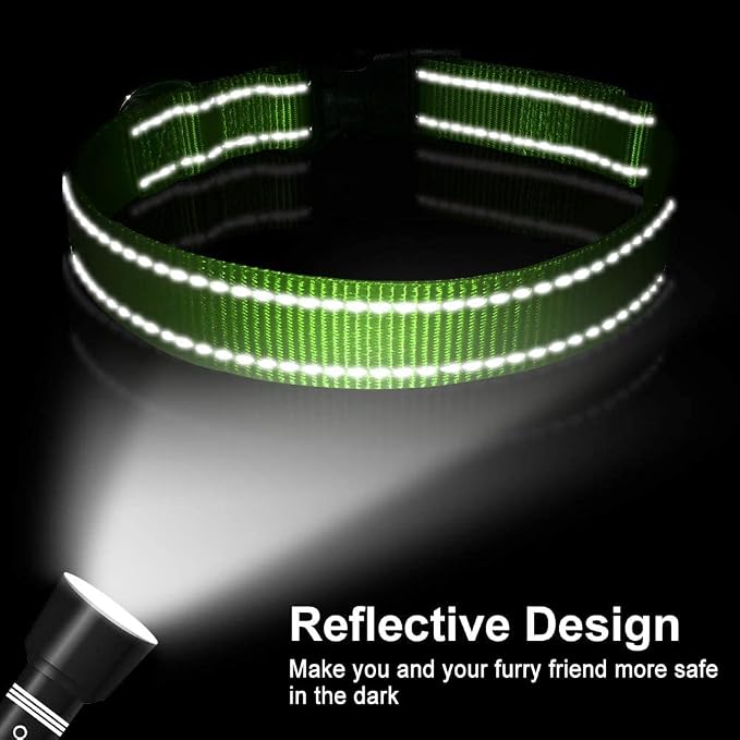 FunTags Length 14" - 20" Reflective Green Dog Collar for Medium Dogs – Night Walking & Training Safety, Durable Quick Release Buckle, Nylon, Comfortable Adjustable, Width 1"