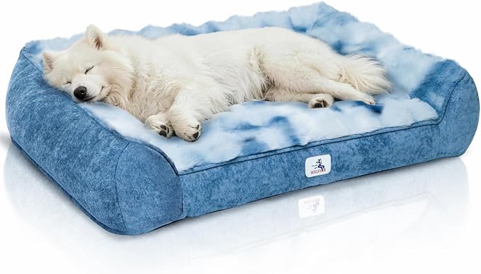 Orthopedic Dog Bed Medium Size Dog, Extra Thick Supportive Dog Couch Bed, Dog Beds with Removable Washable Cover, Ultra Soft Faux Fur Puppy Bed & Non-Slip Bottom (Tie-Dyed Blue, 35"x25")