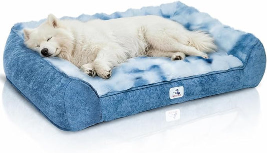 Orthopedic Dog Bed Medium Size Dog, Extra Thick Supportive Dog Couch Bed, Dog Beds with Removable Washable Cover, Ultra Soft Faux Fur Puppy Bed & Non-Slip Bottom (Tie-Dyed Blue, 35"x25")