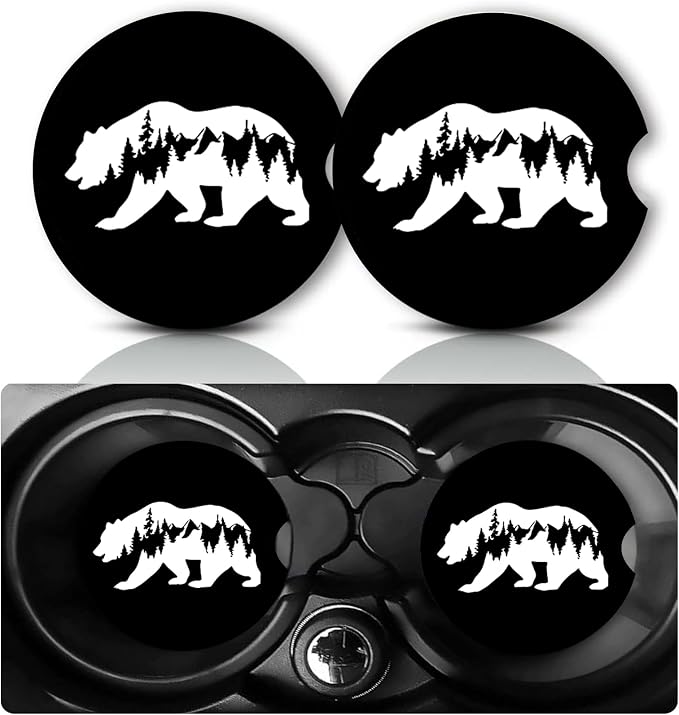 2Pack White Bear Car Cup Holder Coaster,Bear Gifts for Women Men,Vehicle Interior Drink Mat Reusable Neoprene Car Coasters for Cup Holders Decor,Bears Automotive Interior Accessories