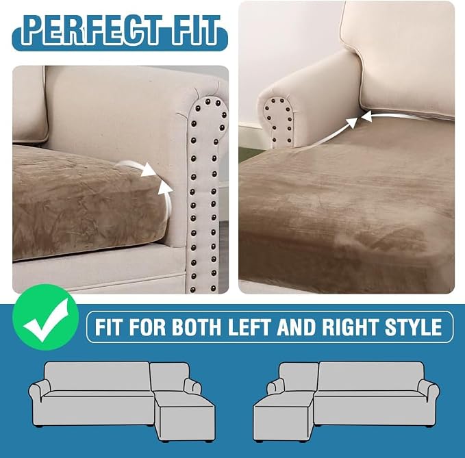 H.VERSAILTEX Velvet Stretch Sectional Couch Cover - 4 Pieces for L Shape Sofa With Separate Seat Cushion Covers - Fits Both Left/Right Sectional (Large 3 Seater + 1 Chaise, Camel)