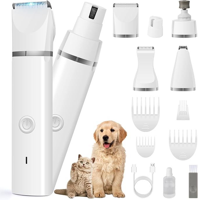 Veeconn Dog Clippers Grooming Kit Hair Clipper-Low Noise Paw Trimmer- Rechargeable - Cordless Quiet Nail Grinder Shaver for Cats and Other Pets