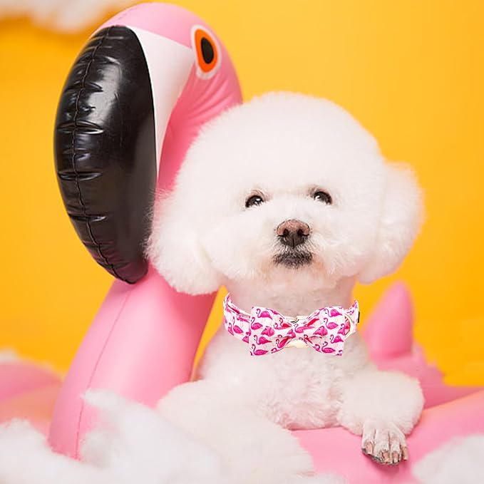 Elegant little tail Dog Collar, Pink Flamingos Dog Collar with Bow Girl Cotton Bowtie Spring Pet Collars Gift Adjustable Pet Collars for Medium Dogs