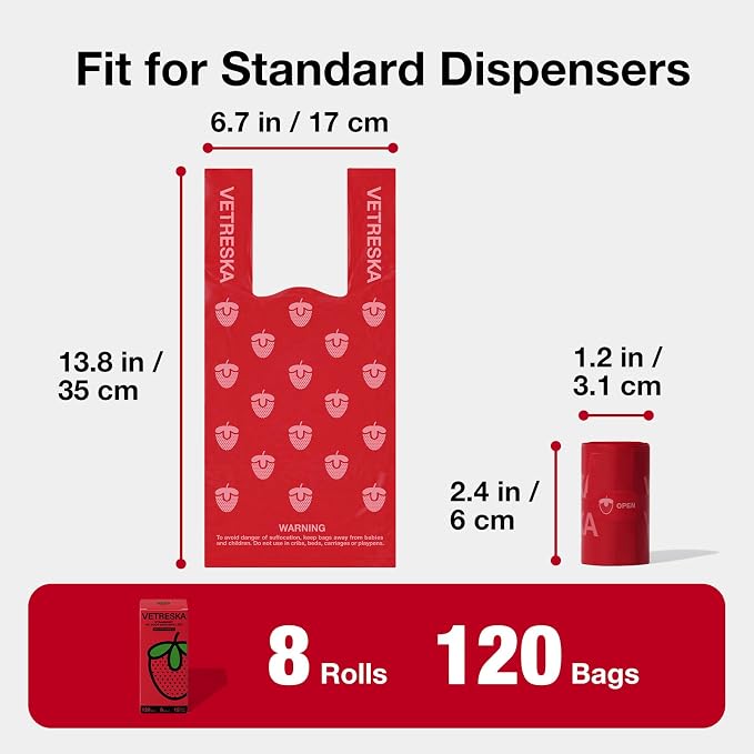 VETRESKA Dog Poop Bags with Handles 120 Count, Strawberry Scented Waste Bags, Leak-Proof Thick Dog Bags for Poop, Easy-Tie Large Poop Bags, 8 Refill Rolls for Dog Walking Cat Litter