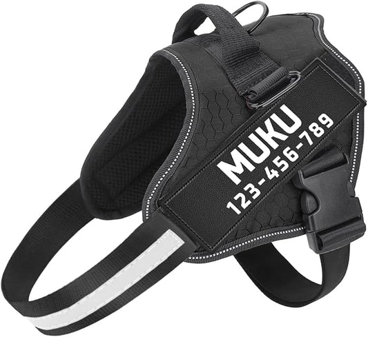 MUMUPET Custom Dog Harness Vest with 2 Personalized Name & Phone Patches, No Pull Reflective Adjustable with Handle, Soft Breathable Padding for Medium Dogs (Black, M)