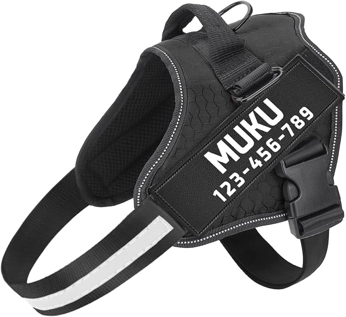 MUMUPET Custom Dog Harness Vest with 2 Personalized Name & Phone Patches, No Pull Reflective Adjustable with Handle, Soft Breathable Padding for Small Dogs (Black, XS)