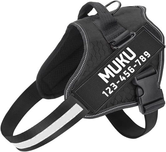 MUMUPET Custom Dog Harness Vest with 2 Personalized Name & Phone Patches, No Pull Reflective Adjustable with Handle, Soft Breathable Padding for Small Dogs (Black, S)