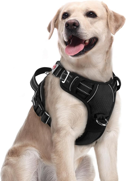 rabbitgoo Dog Harness Medium Sized, 3 Buckles Easy On & Off No Pull Pet Vest, Soft Padded Walking Pet Harness with Control Handle, Adjustable and Reflective, Black, M