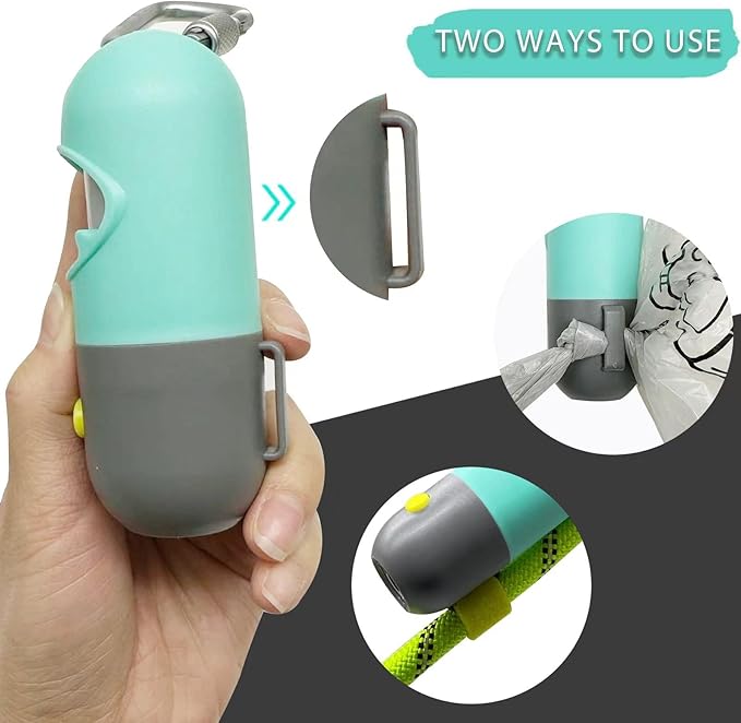 Dog Poop Bag Holder with LED Flashlight for Night Walks,Silicone Tether & Panda Pattern Clip for Used Bags, Hands-Free Metal Leash Carabiner, Includes 15 Scented Waste Bags (Crystal Blue)
