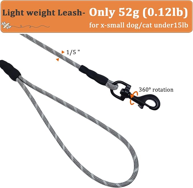 WYuZe 1/5" Ultra-Thin Dog Leash for Puppies Up to 15lbs, 6/10/15 FT Long Reflective Cat Leash, Lightweight Rope Lead for Walking Training Chihuahua/Maltese/Tiny Dogs (6ft, Black)