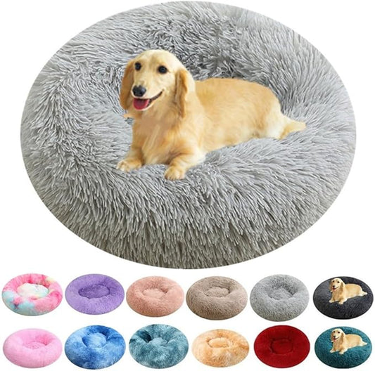 Calming Donut Dog Bed, 24 Inch Round Fluffy Cats Beds for Small Medium Dogs and Cats, Washable Anti-Anxiety Plush Dogs Beds Mute Base Warming Cozy Soft Pet Puppy Bed, Light Grey