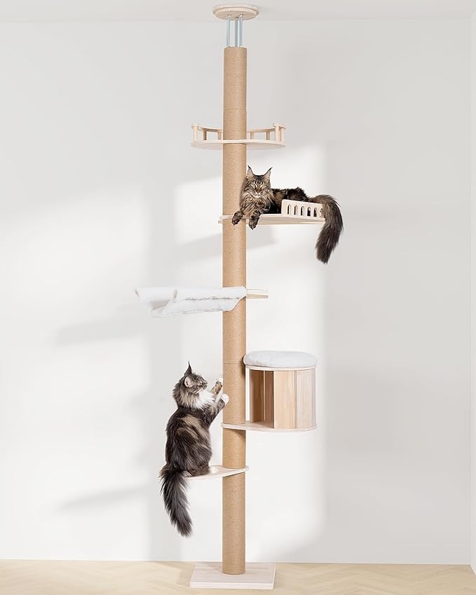 Aechonow Floor to Ceiling Cat Tree for Large Cats, Tall Cat Tower with Scratching Post, Adjustable Height(82-122 in), Large Condo Cave Bed Hammock for Indoor Cats, Wood