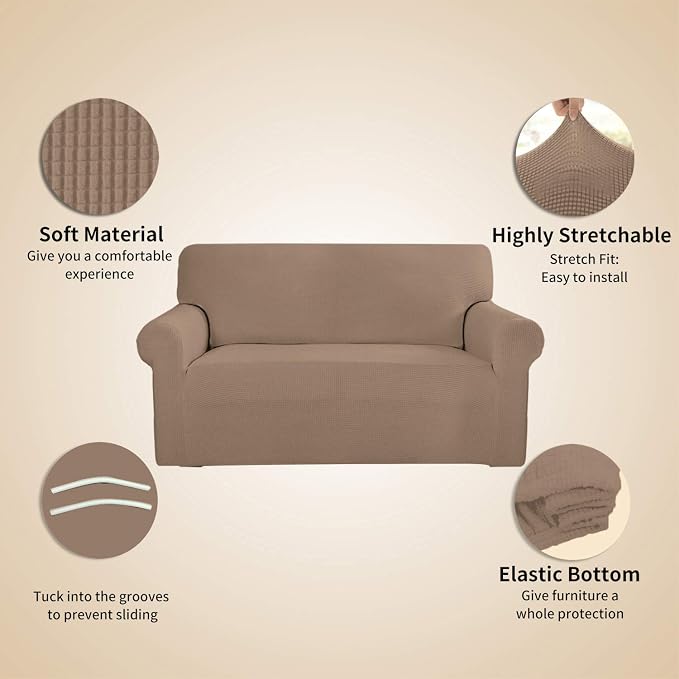 Easy-Going Stretch 4 Seater Sofa Slipcover 1-Piece Sofa Cover Furniture Protector Couch Soft with Elastic Bottom for Kids, Polyester Spandex Jacquard Fabric Small Checks Camel