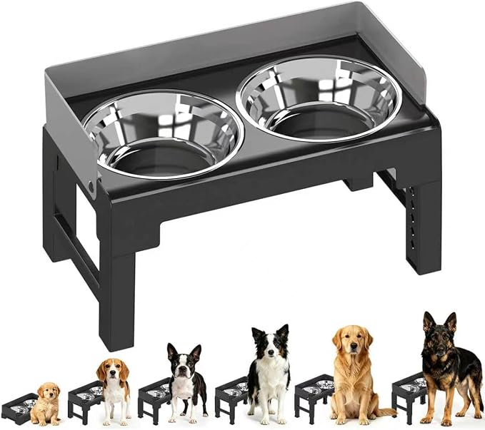 PAKEWAY Elevated Dog Bowls, Spill Proof, Tiltable Dog Feeder with 2 Stainless Steel Bowls, 6 Height Adjustable Raised Bowl