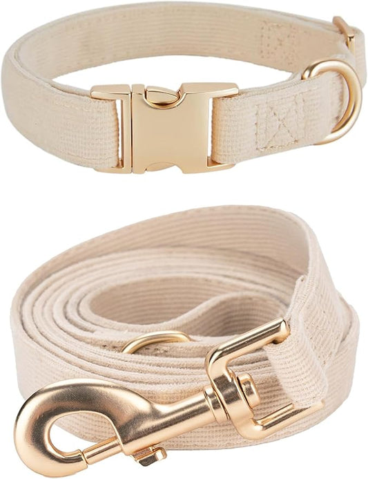 Soft Corduroy Dog Collar and Leash Set Adjustable Durable Wedding Dog Collars with Metal Buckle and Lead for Large Dogs,Beige