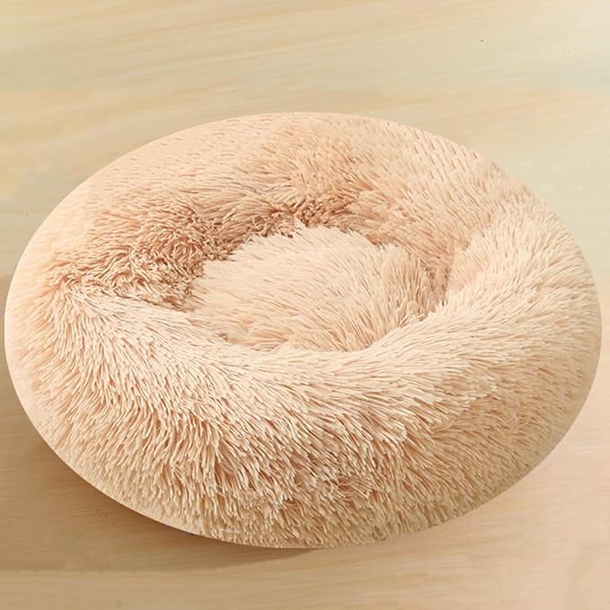 Calming Donut Dog Bed, 24 Inch Round Fluffy Cats Beds for Small Medium Dogs and Cats, Washable Anti-Anxiety Plush Dogs Beds Mute Base Warming Cozy Soft Pet Puppy Bed, Yellow