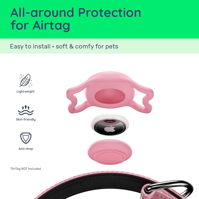 Airtag Dog Collar, Reflective Ultra-Durable Nylon Padded with QR Code Buckle & IP68 Waterproof Air Tag Holder Compatible for Apple AirTag, Comfortable for Small Medium Large Dogs (Pink, XS)