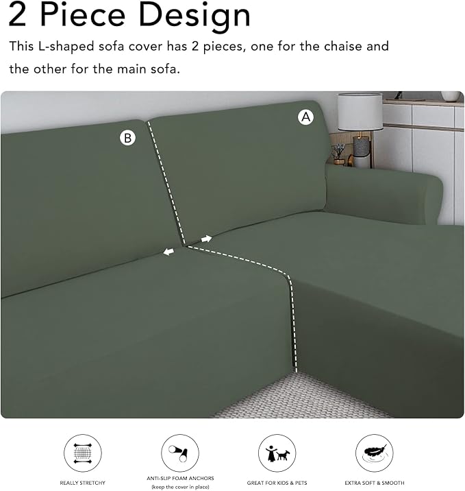 PureFit Super Stretch Sectional Couch Covers - 2 pcs Spandex Non Slip Sofa Covers with Elastic Bottom for L Shape Sectional Sofa, Great for Kids & Pets (3 Seat Sofa + 3 Seat Chaise, Greyish Green)
