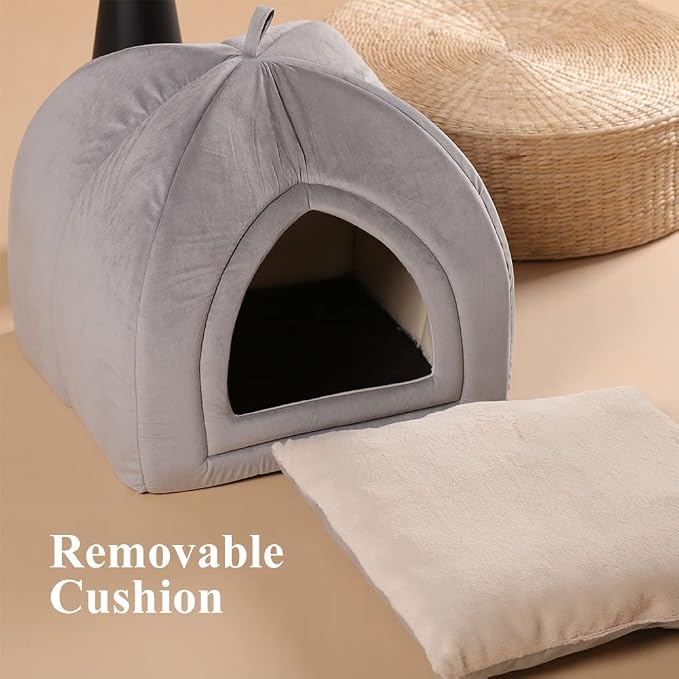 KASENTEX Cat Bed for Indoor Cats, 2-in-1 Cat House Pet Bed and Pet Supplies for Kitten and Small Cat or Dog - Animal Cave, Cat Tent with Removable Machine Washable Pillow Cushion (Grey 15x15x15)