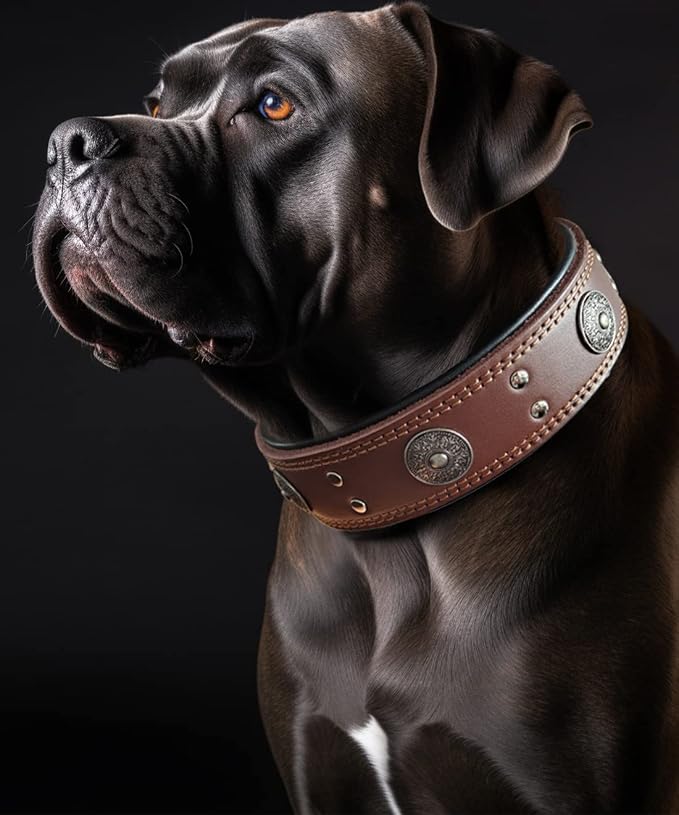 Genuine Leather Dog Collar for Large Dogs,2 in Wide Heavy Duty,BN-S | Handmade,Stainless Steel Pin Buckle,Soft Padded,Alloy Studded,Luxury Eye-catching Design,Medium Large Giant Breeds,15-19 in