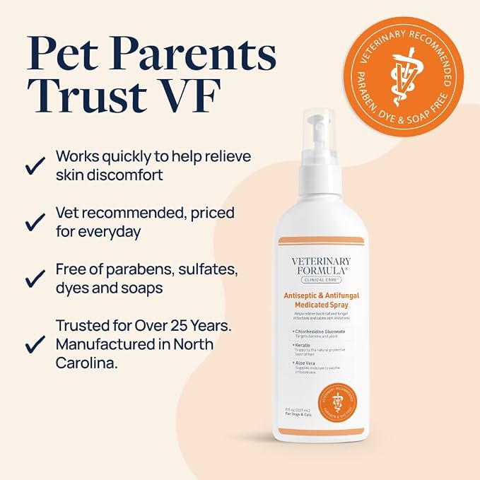 Veterinary Formula Clinical Care Antiseptic and Antifungal Spray for Dogs and Cats - Helps Alleviate Scaly, Greasy, or Red Skin and Supports Skin Prone to Odor Causing Buildup - Pack of 2, 8 oz Each