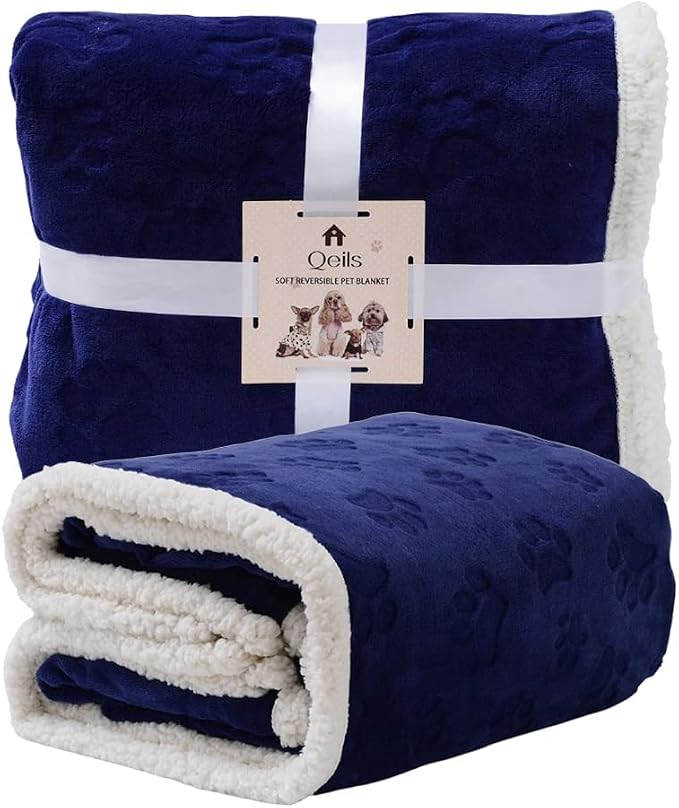 Qeils Waterproof Blanket for Bed, Dog Blankets for Large Dogs, Waterproof Cat Blanket Washable, Soft Sherpa Fleece Puppy Blanket, Reversible Throw Protector for Couch Car, 50"X60", Navy Blue