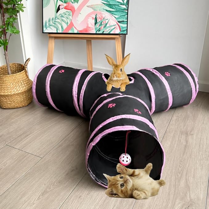 3-Way Collapsible Cat Tunnel Tube Toy Black with Pink Paws — Interactive Play Tunnel with Hanging Ball & Peek Hole for Indoor Cats, Kittens, Puppies & Rabbits | Hours of Fun & Exercise