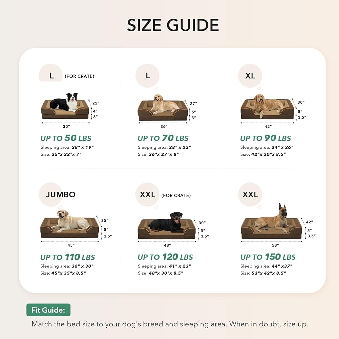 Orthopedic Dog Beds for Extra Large Sized Dogs 42x30 Inch, XL Waterproof Egg Crate Foam Dog Sofa Bed with Removable Washable Cover Big Pet Couch with Bolster & Non-Slip Bottom, Brown