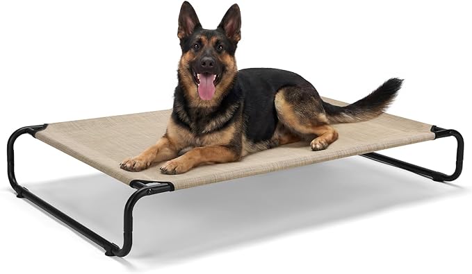 Veehoo Cooling Elevated Dog Bed, Outdoor Dog Bed for Large Dogs, Raised Dog Cot with Thickened Frame, Durable Teslin Mesh & Anti-Slip Rubber Feet, Pet Hammock for Indoor or Camping, 53" x 33", Beige