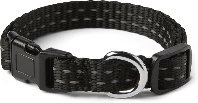 Amazon Basics Reflective Polyester Dog Collar, Adjustable Length 11.2"-16.9", 0.9" W, Quick-Release Buckle for Easy On/Off, Small, Black