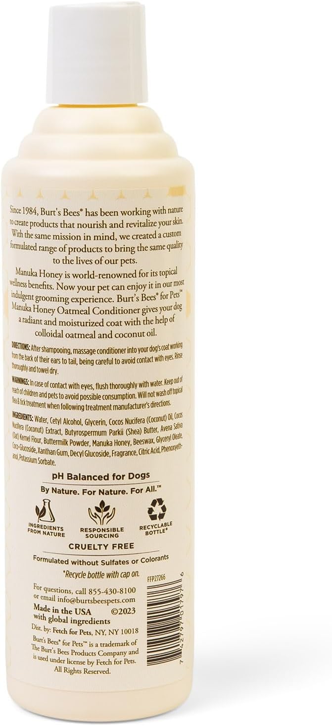 Burt's Bees for Pets Manuka Honey Oatmeal Conditioner for Dogs, Colloidal Oatmeal, 95%+ Natural Origin, No Sulfates, Parabens or Phthalates, Leaves Coat Soft & Shiny, Milk & Honey Scent, 10 Fl Oz