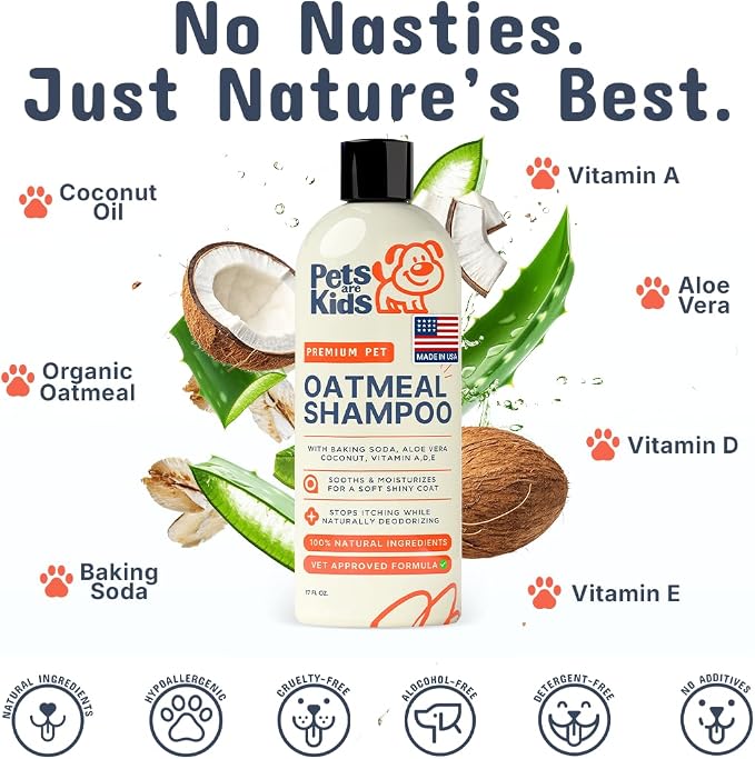 Pets Are Kids Too Oatmeal Dog Shampoo Baking Soda Hypoallergenic Anti Itch Moisturizing Soothing Deodorizing Pet Care Safe Puppy Shampoo Sensitive Skin Cat Shampoo - Coconut Based Cleanser 17 fl oz