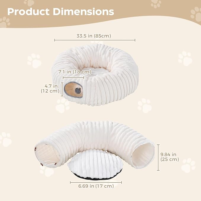 Avont Cat Tunnel Bed for Indoor Cats, Plush Fluffy Kitten Donut Tunnel 3 Shape to Play, Large Kitty Circle Tunnel Under Christmas Tree, Cat Play Toys Gift Ideas -White Short-Pile