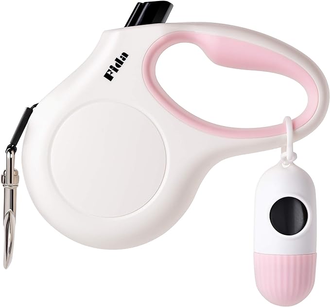Fida Retractable Dog Leash with Dispenser and Poop Bags, 16 ft Pet Walking Leash for Medium Dog or Cat up to 44 lbs, Anti-Slip Handle, Tangle Free, Reflective Nylon Tape (M, White)
