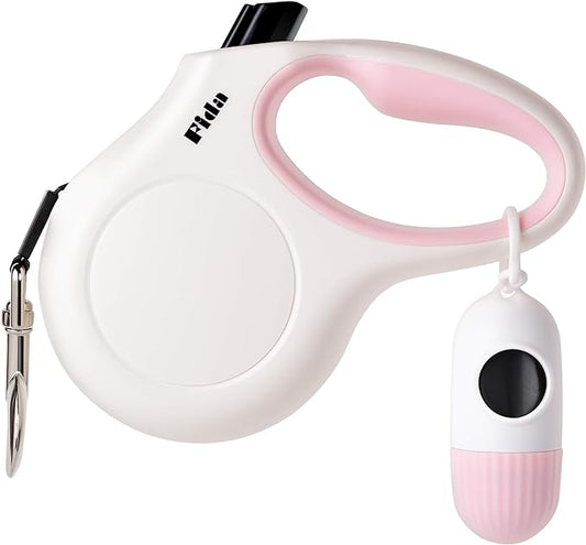 Fida Retractable Dog Leash with Dispenser and Poop Bags, 16 ft Pet Walking Leash for Medium Dog or Cat up to 44 lbs, Anti-Slip Handle, Tangle Free, Reflective Nylon Tape (M, White)