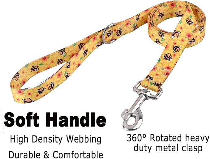 Mihqy Dog Collar and Leash Set with Bohemia Floral Tribal Geometric Patterns - Soft Ethnic Style Collar Adjustable for Small Medium Large Dogs(Bee Set,L)