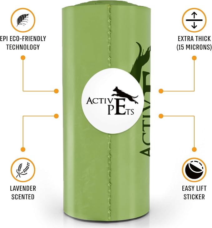 Active Pets Extra Thick, Leak-Proof Dog Waste Bags - Lavender-Scented, Eco-Friendly, Easy-Tear, Strong Doggy Bags For Poop