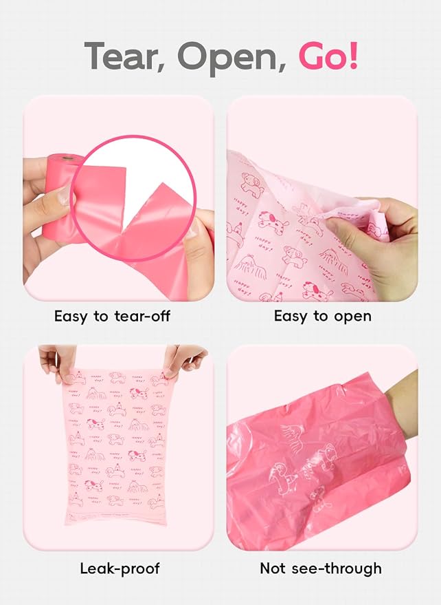 Dog Poop Bags Rolls, 128 Count (8 Refills) - 60% Recycled Plastic Baby Powder Scented - Leak Proof, Extra Thick Waste Bag with Easy-Peel Sticker (Pink)