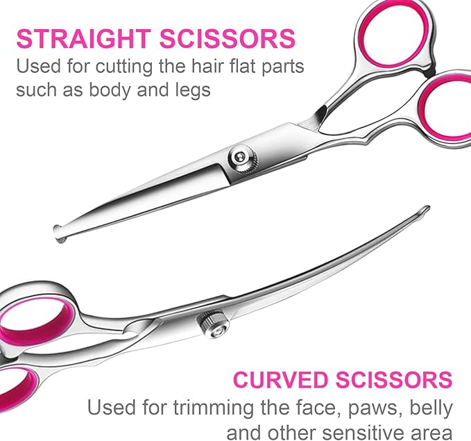 TINMARDA Dog Grooming Kit, Professional Stainless Steel Dog Grooming Scissors with Curved Shears, Pink Finger Rings - 5 Piece Sharp Durable Pet Shears for Dogs Cats At Home Salon-Quality Grooming