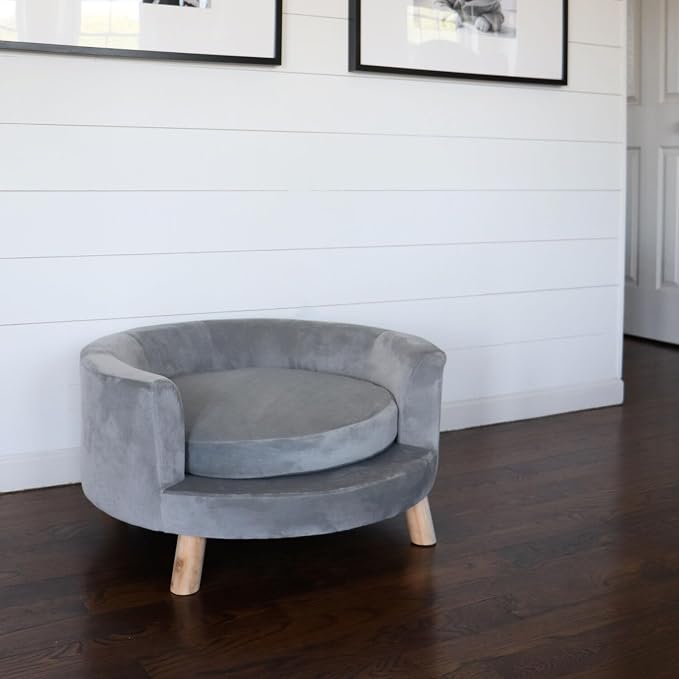 CRITTER SITTERS 28-In. Faux-Velvet Gray Dog Couch for Small to Medium-Sized Dogs, Modern and Stylish Elevated Dog Bed, Durable and Comfortable Pet Beds