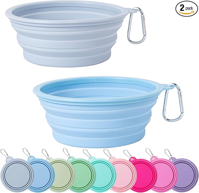 SLSON Collapsible Dog Bowl, 2Pack Macaron Color Pet Travel Bowls Silicone Foldable Water Feeder Dish for Small to Large Dogs Cat Walking Hiking Camping (Macaron Blue and Light Grey, Medium)