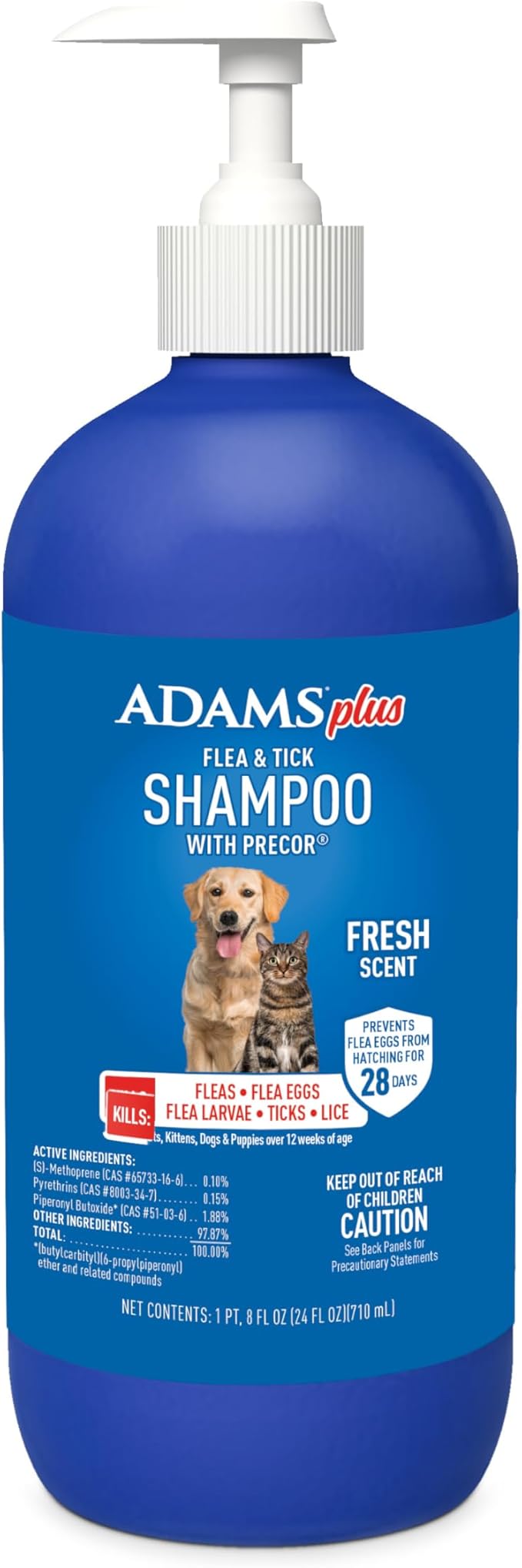 ADAMS Plus Flea & Tick Shampoo with Precor for Dogs, Cats, Puppies & Kittens, Flea Shampoo to Treat Infestations, Kills Ticks, Fleas, Flea Eggs & Lice, Cleans and Conditions Coat, 24 Ounces