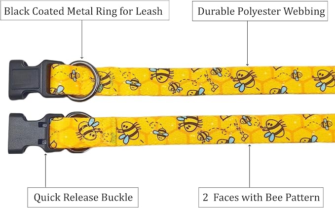 Dog Collar Leash Set, Busy Bee Pattern, 5ft Matching Leash, Polyester Material, 4 for Small Medium Large Dogs.(S, Bee)
