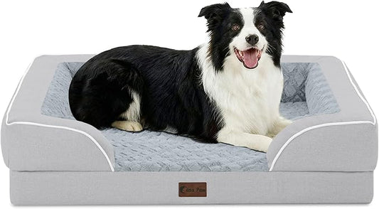 Orthopedic Dog Beds for Large Sized Dogs 35x22 Inch, Medium Waterproof Egg Crate Foam Dog Sofa Bed with Removable Washable Cover Pet Couch with Bolster Side & Non-Slip Bottom, Light Grey