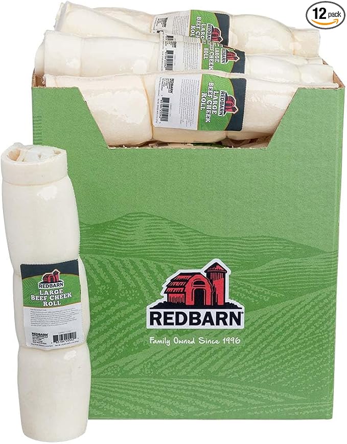 Redbarn Pet Products All-Natural Large Beef Cheek Rolls for Dogs, Uncoated - Single Ingredient Grain-Free Chew Treat Naturally Rich in Collagen - No Artificial Preservatives - Pack of 12